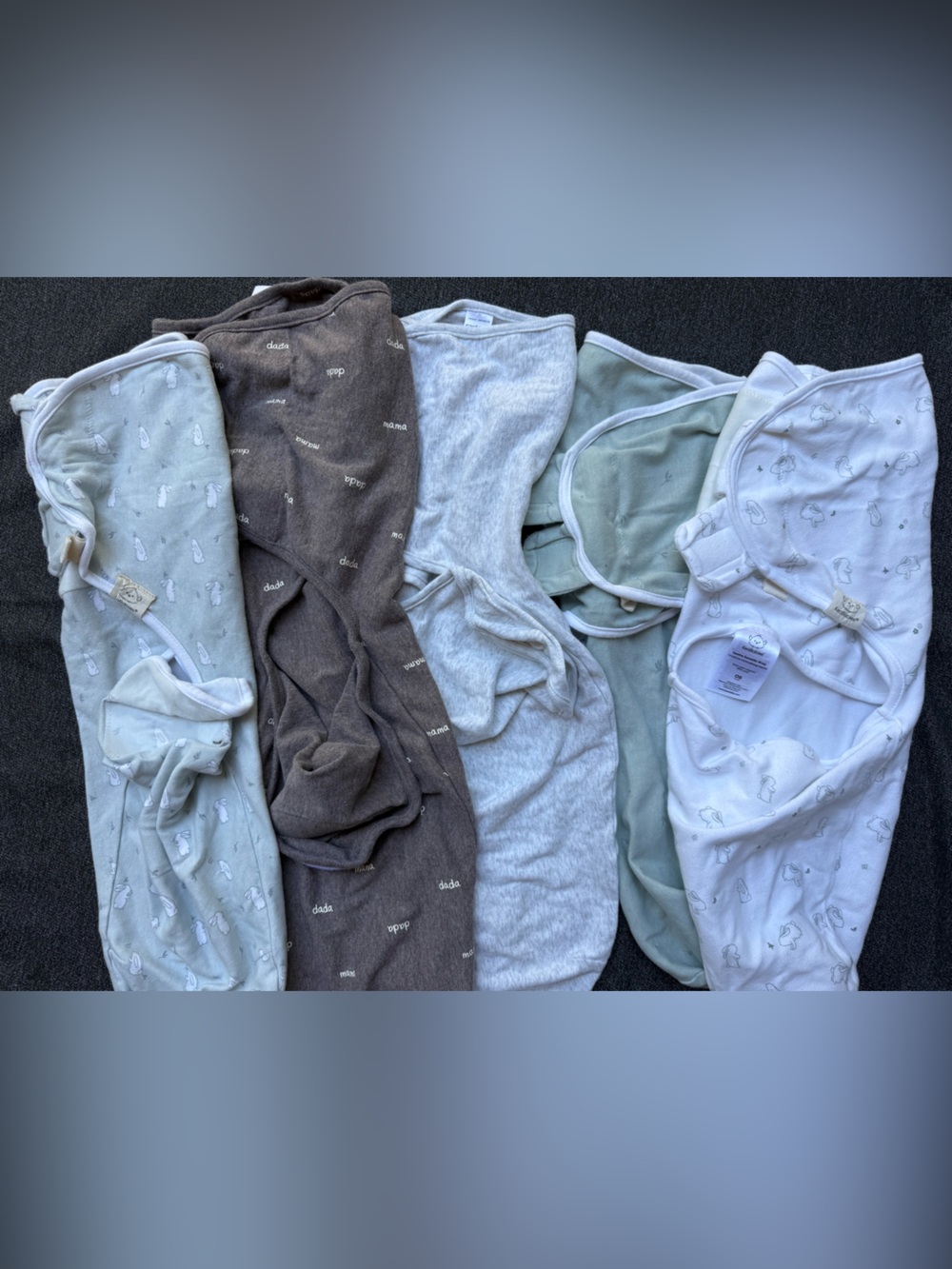 Neutral Baby Velcro Swaddle Bundle - White, Grey, Brown, Sage. 0-3M and 6-9M